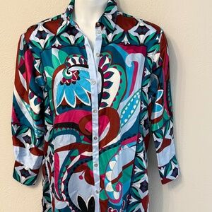 NWT Zara Colorful Printed Oversized button up shirt dress/tunic size S satiny